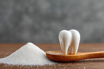 A white porcelain tooth model sits atop a wooden spoon over a pile of granulated sugar
