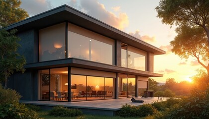 Fototapeta premium Modern house with panoramic windows at golden hour. Exterior shot of contemporary home with roller blinds. Exterior shutters are shown providing sun protection and privacy for modern home design.