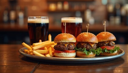 Group of friends share tasty sliders and fries with craft beer at cozy pub. People enjoy relaxed evening meal together in warm atmosphere. This image represents social gatherings and food experiences.