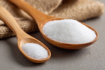 Two wooden spoons holding granulated sugar, one large and one small, on a gray surface with a burlap cloth in the background