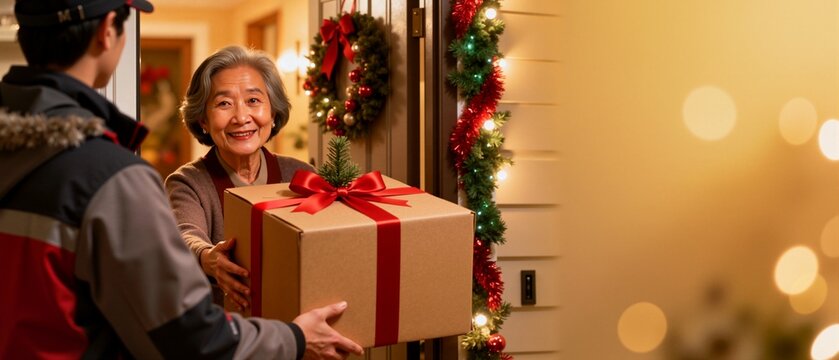 A courier delivers a Christmas gift to a smiling senior woman at her festively decorated front door. Holiday online shopping and shipping service with copy space - Powered by Adobe