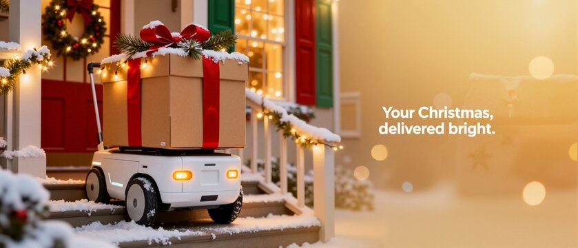 An autonomous delivery robot carries a Christmas gift to a home's snowy porch. Futuristic holiday shipping and e-commerce technology concept with copy space. - Powered by Adobe