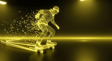 Futuristic wireframe skateboarder in motion with glowing particles on a dark background, concept of digital sports and virtual reality
