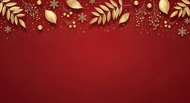 Luxurious red background with shimmering gold leaves, berries, confetti, and snowflake accents forming a festive top border. elegant holiday template with ample copy space.