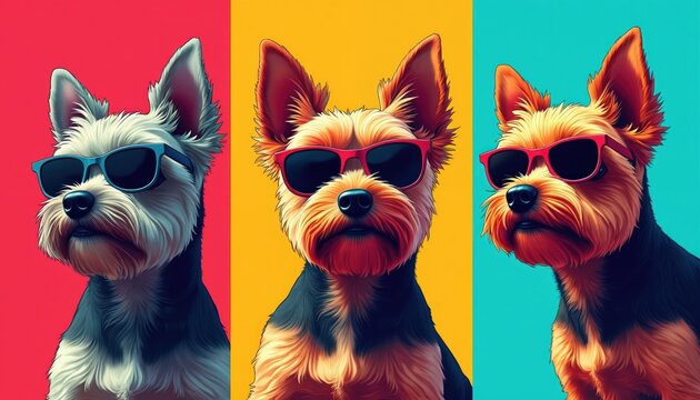 Three cartoon Yorkshire Terrier dogs wear sunglasses. Dogs have colorful fur, bright backgrounds. Illustration is vibrant, playful with pop-art style. Dogs are depicted in different colors, shades. - Powered by Adobe