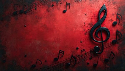 Clef, notes float on dark red grunge backdrop. Musical signs composition for graphic design music events. Red, black colored music wallpaper background for covers. Goth music aesthetic with abstract