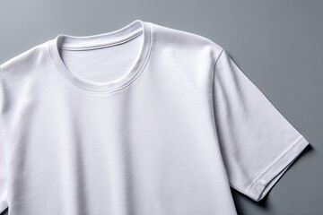 Close-up of a plain white t-shirt laid flat, displaying the neckline and short sleeves against a neutral gray backdrop