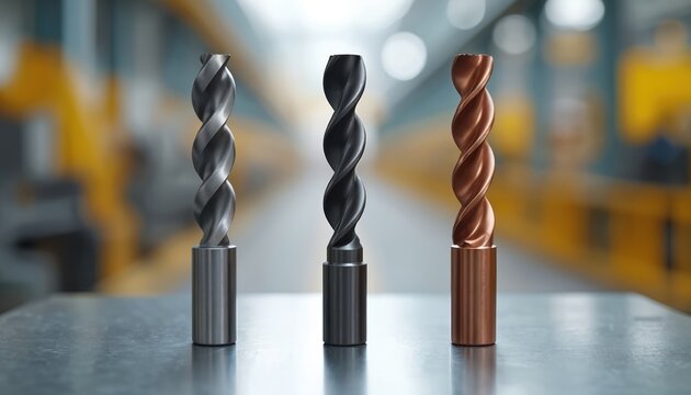 Three industrial drill bits made of different metals sit on a factory table. Precision tools for metalworking, manufacturing, and construction are shown close up. - Powered by Adobe