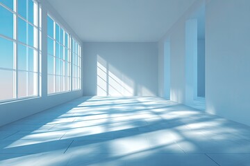 Empty sunlit room with large windows