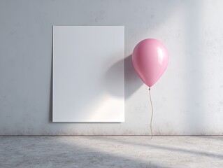 Blank poster and pink balloon in a minimalist room
