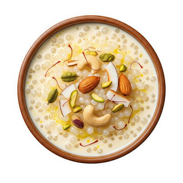 3d creamy sago pudding with nuts and coconut isolated on transparent background