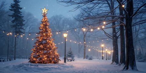 Enchanting winter wonderland scene with a beautifully illuminated christmas tree and festive string lights lining a snowy park path