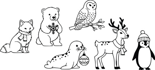 Adorable Christmas Animals Featuring a Fox Bear Owl Seal Reindeer and Penguin Lineart