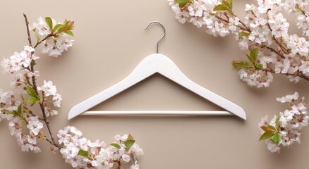 White wooden hanger, surrounded by spring blossoms, on beige background