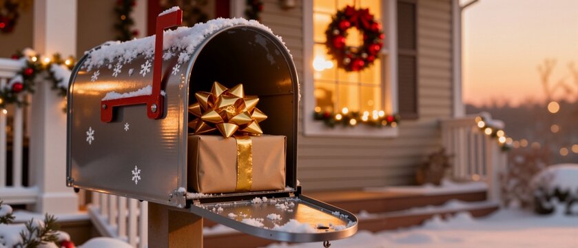 A Christmas gift in a snowy mailbox during a winter evening. Festive holiday present delivery with a gold bow. Decorated suburban home in the background - Powered by Adobe