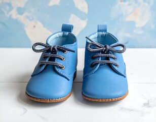 Pair of baby shoes in soft, light blue, ready for adventures