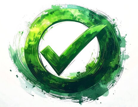 An abstract, artistic depiction of a checkmark symbol within a green circle. The design has a watercolor-like, brushed texture - Powered by Adobe
