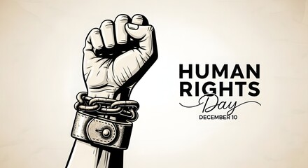 Human rights day concept with a fist breaking chains and text
