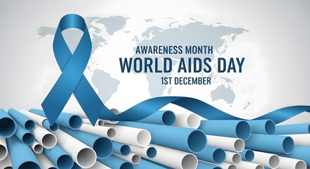 World map with blue ribbon for world aids day awareness