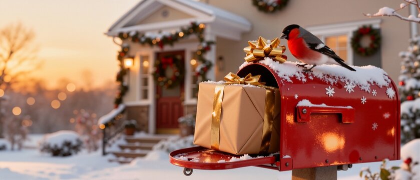 A festive red mailbox with a christmas gift and a bullfinch bird in the snow. Holiday season delivery with a present in a letterbox at sunset. Winter scene with a decorated house in the background
