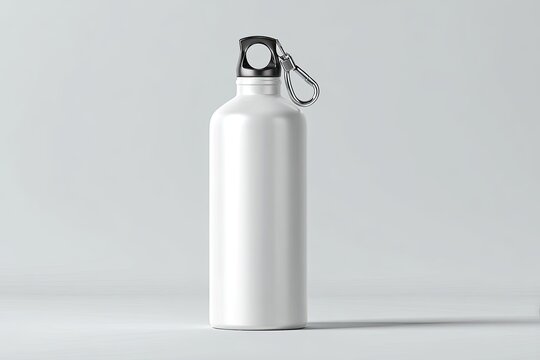 White metal water bottle with black cap and carabiner (1)