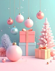 Pastel Christmas scene with hanging ornaments, presents, and a snow-covered tree. Soft lighting, minimalist aesthetic