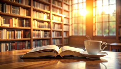 Start your day with a book and coffee in a serene library bathed in golden sunlight, a moment of calm and inspiration for creative pursuits