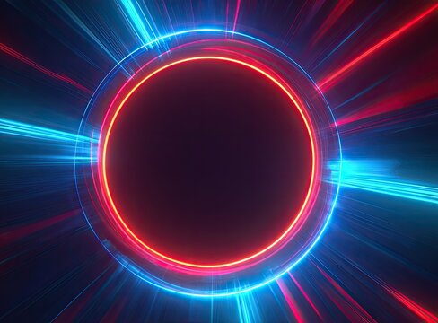 Abstract neon light portal with glowing red and blue rays emanating outwards - Powered by Adobe