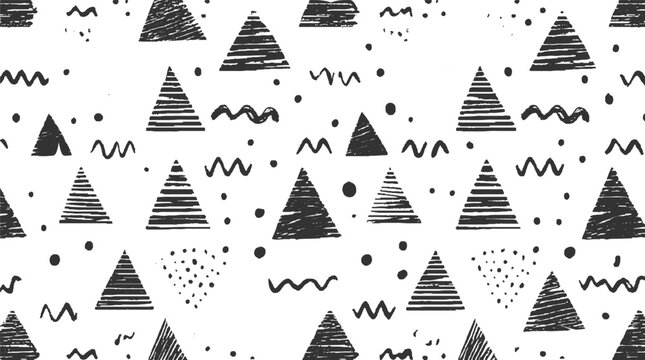 Black and white abstract pattern with triangles dots and wavy lines vector