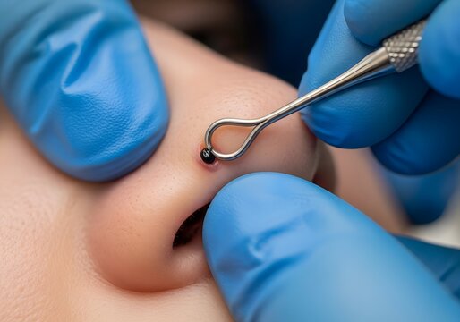 A dermatologist's gloved hands use a stainless steel comedone extractor to remove a blackhead from a patient's nose. Clinical close-up of professional pore cleaning.

