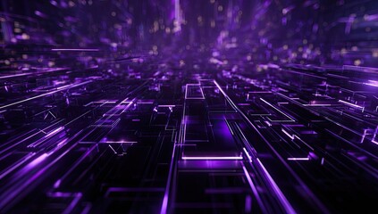Abstract digital landscape with glowing purple lines and geometric structures