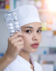 Pharmacist holding a blister pack of pills, looking directly at the viewer