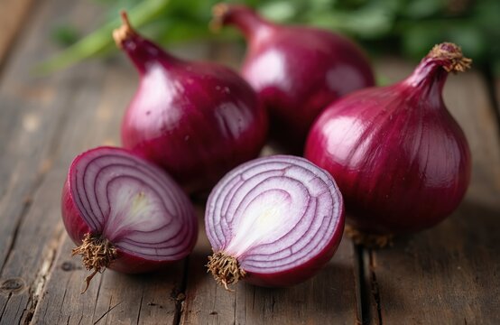 Red onions whole, cut lie on rustic wood. Fresh purple bulbs show inner layers, ready for healthy cooking. Organic veg ingredient on dark timber surface. Vibrant produce adds savory taste to many - Powered by Adobe