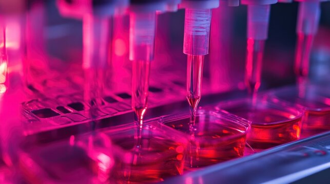 Automated liquid handling in lab; pink fluid samples; medical research; technology