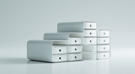 Abstract, modern, white storage unit, layered drawers,  minimalist