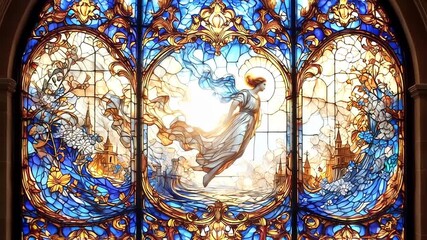 A ray of bright sun passes through the stained glass of the cathedral, as a sign of God, shimmering and shining in the glass, Catholic faith. - Powered by Adobe