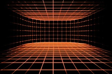 Vibrant orange glowing grid pattern forming an abstract futuristic tunnel space