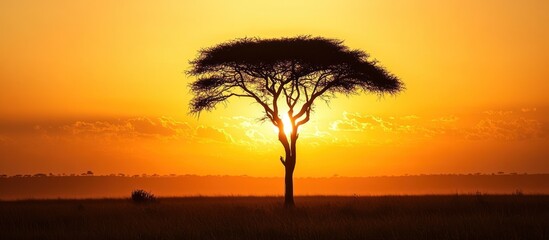African savanna sunrise, lone acacia tree silhouetted against vibrant orange sky, calm plains. Nature wallpaper