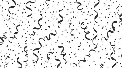 Black streamers and confetti scattered on a white background party