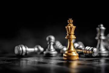 Golden king chess piece stands victorious among fallen silver pieces on a dark board