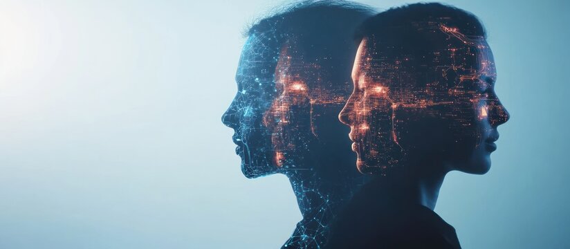 Dual digital faces, profile view, data network background, AI concept