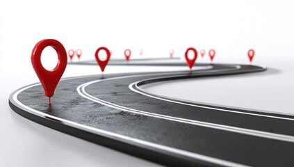 Winding road with red location markers.  A curving asphalt road, marked with white lines, extends into the distance. Several red location markers are affixed along the path