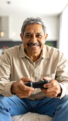 Portrait of a smiling senior man playing a video game at home