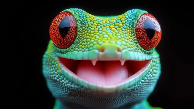 Brightly colored gecko with large red eyes and intricate skin patterns on black background