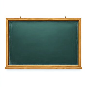 A clean, blank green chalkboard with a wooden frame, hanging on a white background
