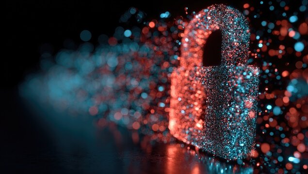 A digital padlock, composed of shimmering particles, rests against a dark background.  Blurred, colorful particles streak past, suggesting movement and activity