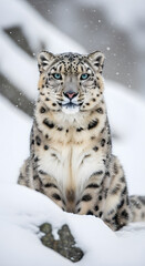 Fototapeta premium Majestic Snow Leopard Portrait in Falling Snow
