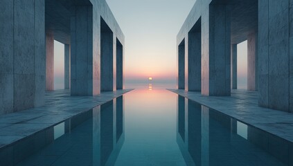 Sunrise over a tranquil concrete colonnade.  Pools reflect the sky