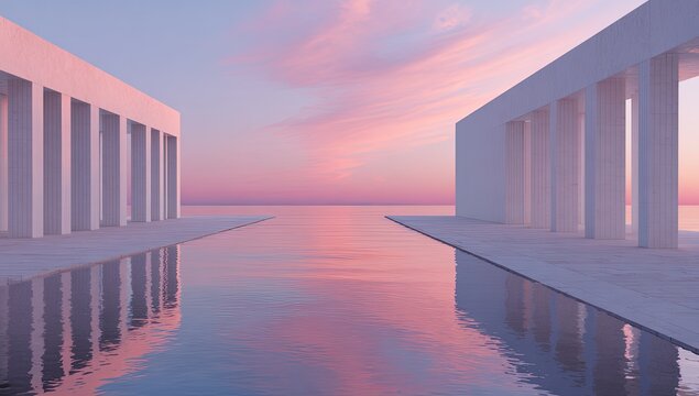 A serene, minimalist architectural scene at sunset over water.  White pillars frame a calm pool reflecting a pastel pink sky