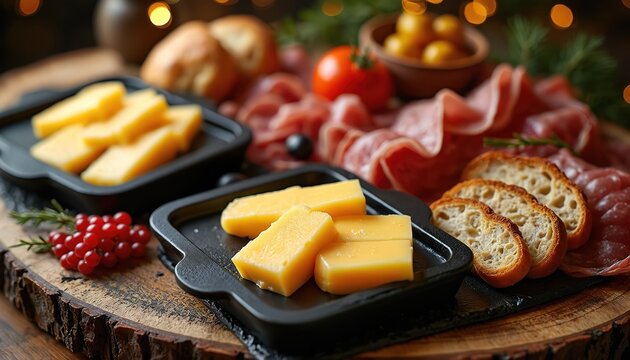 Slices of yellow cheese on black trays next to cured meats and bread slices. Festive cheese and meat platter with olives, tomato, and red berries.